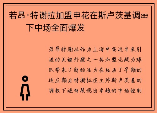 若昂·特谢拉加盟申花在斯卢茨基调教下中场全面爆发
