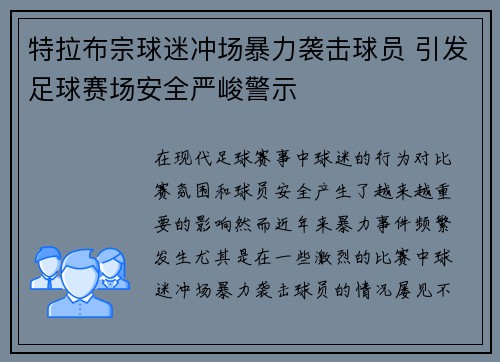 特拉布宗球迷冲场暴力袭击球员 引发足球赛场安全严峻警示 特拉布宗球迷冲场暴力袭击球员 引发足球赛场安全严峻警示